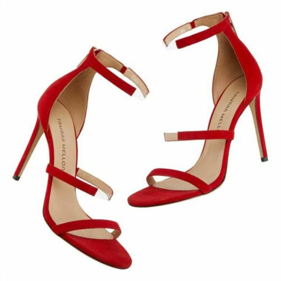 Tamara Mellon Shoes - Tamara Mellon Reverse Frontline 105 Red Suede Heeled Sandals Women's Size 37.5